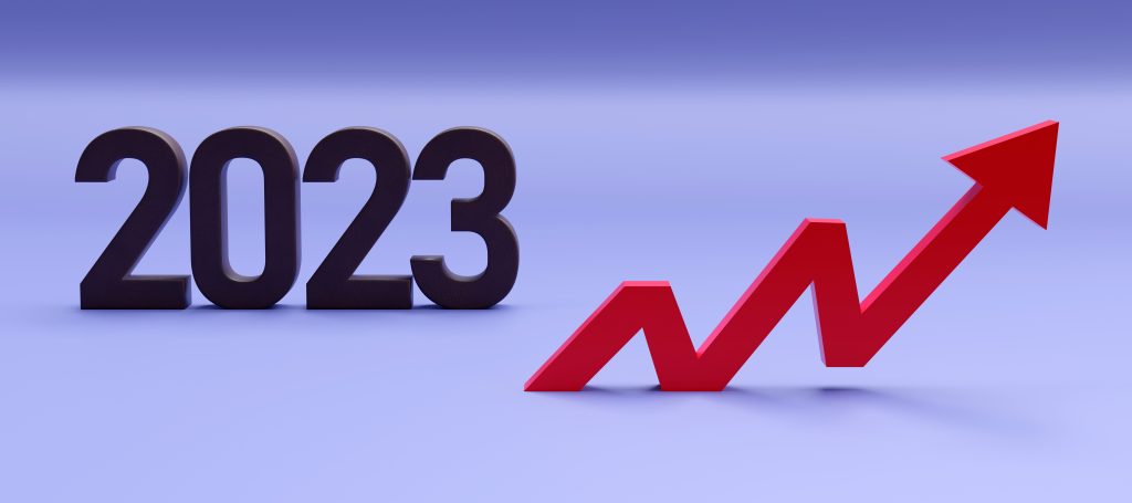 2023 Interest rate increase, rising inflation. New Year number and red arrow up. Economic growth. 3d render
